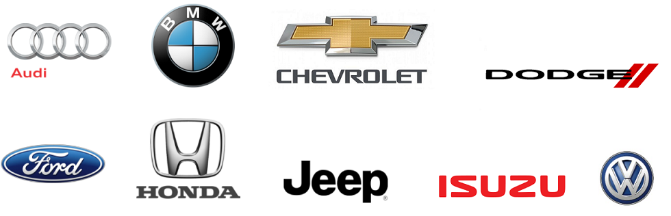 Audi, BMW, Chevrolet, Dodge, Ford, Honda, Jeep, Izuzu, and Volkswagen